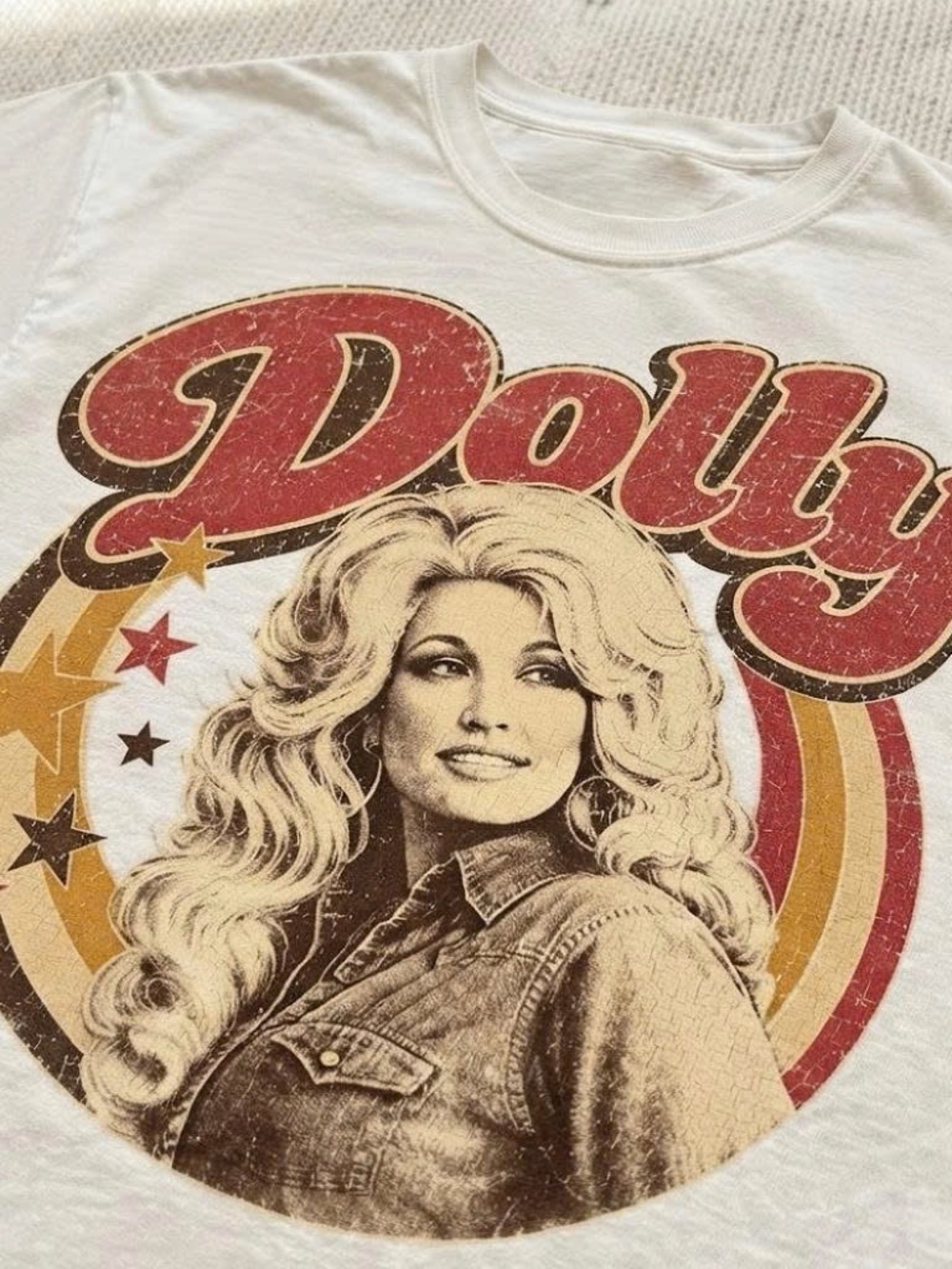 White Dolly Parton Retro Graphic Tee with Red and Gold Accents - Picture 2 of 3